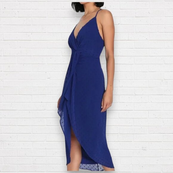 NWT LULU'S Stylish Invite Dark Blue Swiss Dot Surplice Midi Tulip Lulu Dress L - Picture 3 of 11